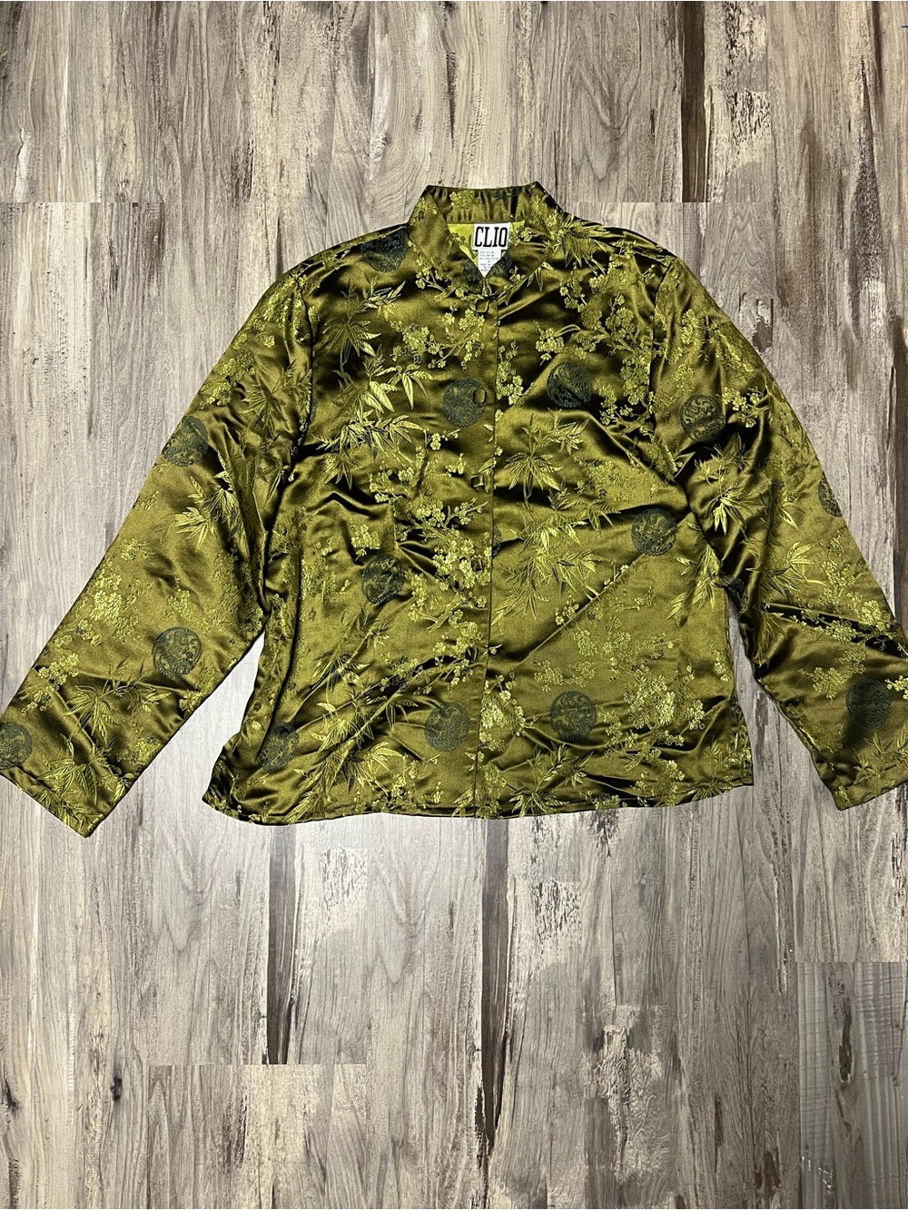 Vintage Clio Olive Green Brocade Mandarin Collar Jacket Size M Asian Style Tang
